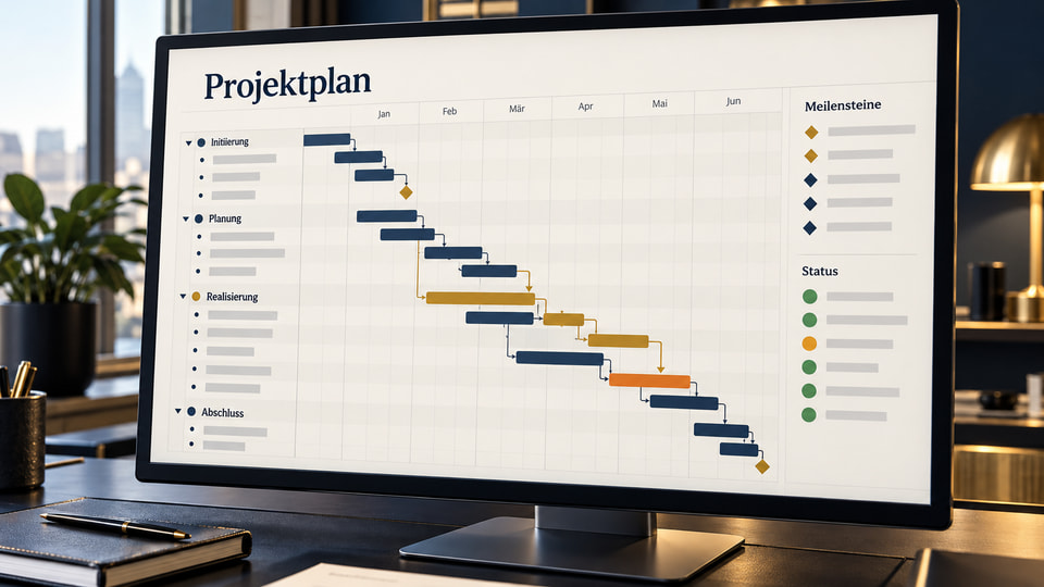 KI-Illustration eines Projektplans mit Gantt-Diagramm, Abhängigkeiten, Meilensteinen und Projektstatus.