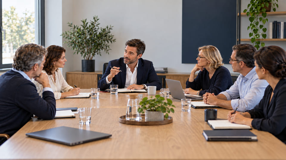 KI-Illustration einer männlich geleiteten Managementrunde in einem mittelständischen Unternehmen mit Business-Casual-Kleidung.